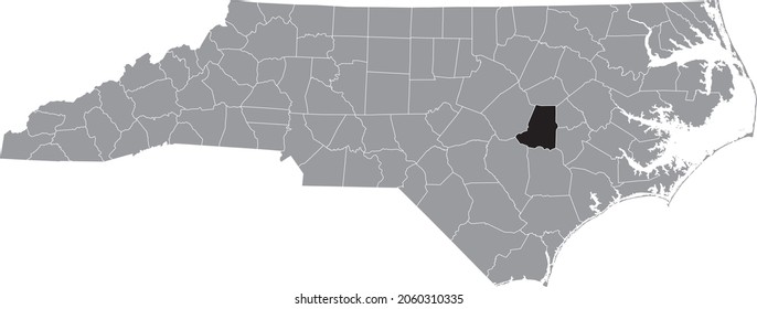 Black Highlighted Location Map Of The Wayne County Inside Gray Administrative Map Of The Federal State Of North Carolina, USA