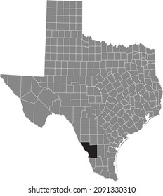 Black highlighted location map of the Webb County inside gray administrative map of the Federal State of Texas, USA