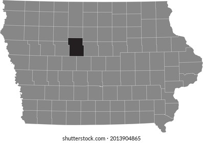 Black highlighted location map of the Webster County inside gray map of the Federal State of Iowa, USA