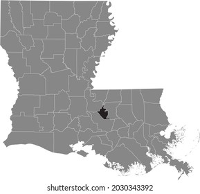 Black Highlighted Location Map Of The West Baton Rouge Parish Inside Gray Map Of The Federal State Of Louisiana, USA