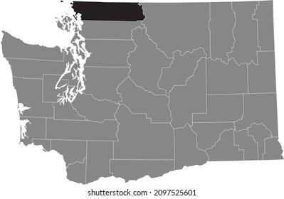 Black highlighted location map of the Whatcom County inside gray administrative map of the Federal State of Washington, USA