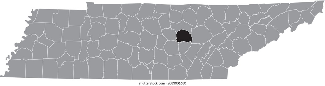 Black highlighted location map of the White County inside gray administrative map of the Federal State of Tennessee, USA