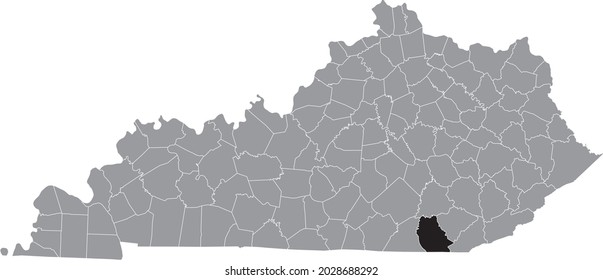 Black highlighted location map of the Whitley County inside gray map of the Federal State of Kentucky, USA