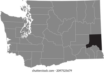 Black highlighted location map of the Whitman County inside gray administrative map of the Federal State of Washington, USA