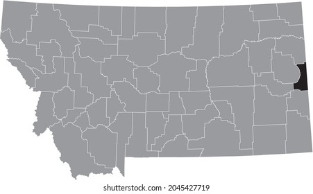 Black highlighted location map of the Wibaux County inside gray map of the Federal State of Montana, USA