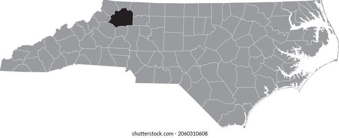 Black highlighted location map of the Wilkes County inside gray administrative map of the Federal State of North Carolina, USA
