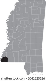 Black highlighted location map of the Wilkinson County inside gray map of the Federal State of Mississippi, USA