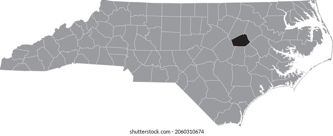 Black highlighted location map of the Wilson County inside gray administrative map of the Federal State of North Carolina, USA
