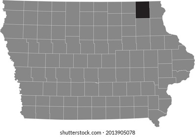 Black highlighted location map of the Winneshiek County inside gray map of the Federal State of Iowa, USA