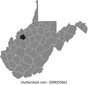 Black highlighted location map of the Wirt County inside gray administrative map of the Federal State of West Virginia, USA