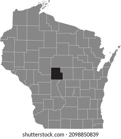 Black highlighted location map of the Wood County inside gray administrative map of the Federal State of Wisconsin, USA