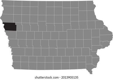 Black highlighted location map of the Woodbury County inside gray map of the Federal State of Iowa, USA
