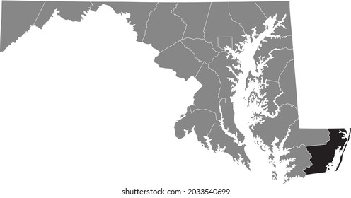 Black highlighted location map of the Worcester County inside gray map of the Federal State of Maryland, USA