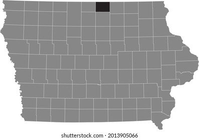Black highlighted location map of the Worth County inside gray map of the Federal State of Iowa, USA