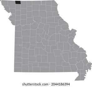 Black highlighted location map of the Worth County inside gray map of the Federal State of Missouri, USA