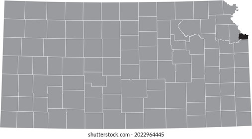 Black highlighted location map of the Wyandotte County inside gray map of the Federal State of Kansas, USA