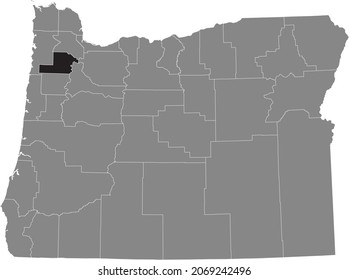 Black highlighted location map of the Yamhill County inside gray administrative map of the Federal State of Oregon, USA