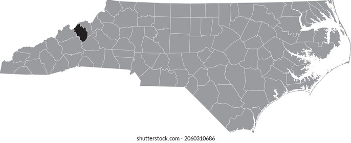 Black highlighted location map of the Yancey County inside gray administrative map of the Federal State of North Carolina, USA