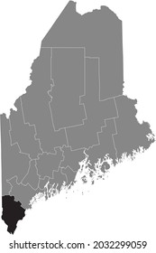 Black highlighted location map of the York County inside gray map of the Federal State of Maine, USA