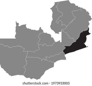 Black highlighted location map of the Zambian Eastern province inside gray map of the Republic of Zambia