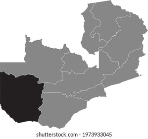 Black highlighted location map of the Zambian Western province inside gray map of the Republic of Zambia
