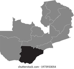 Black highlighted location map of the Zambian Southern province inside gray map of the Republic of Zambia