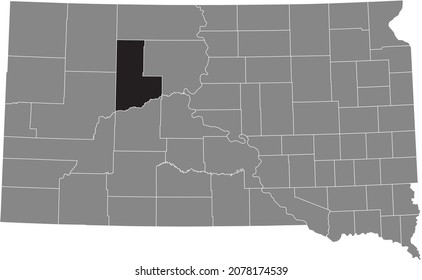 Black highlighted location map of the Ziebach County inside gray administrative map of the Federal State of South Dakota, USA