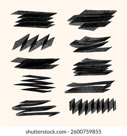 Black highlighter bold horizontal lines set. Brush drawn vector stripes with dry brush texture. 