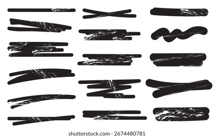 Black highlighter marker stroke collection. Set of black highlighter and marker strokes in various shapes and textures, useful for design, notes, and creative graphics.