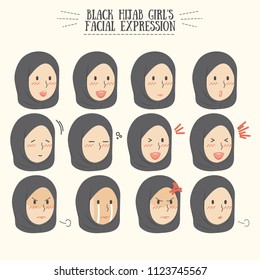 Black Hijab Girl Facial Expression Set