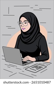 black hijab woman vector illustration typing using laptop
