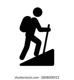 Black hiker icon with backpack walking up a hill isolated on white background, Vector, illustration
