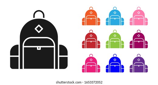 Black Hiking backpack icon isolated on white background. Camping and mountain exploring backpack. Set icons colorful. Vector Illustration