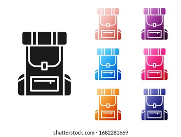 Black Hiking backpack icon isolated on white background. Camping and mountain exploring backpack. Set icons colorful. Vector Illustration