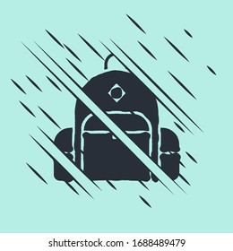 Black Hiking backpack icon isolated on green background. Camping and mountain exploring backpack. Glitch style. Vector Illustration