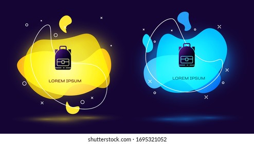 Icono de la mochila Black Hiking aislado en fondo negro. Camping y mochila de exploración de montaña. Pancarta abstracta con formas líquidas. Ilustración vectorial