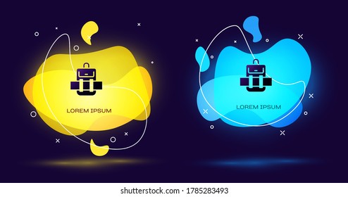 Black Hiking backpack icon isolated on black background. Camping and mountain exploring backpack. Abstract banner with liquid shapes. Vector