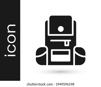 Black Hiking backpack icon isolated on white background. Camping and mountain exploring backpack.  Vector