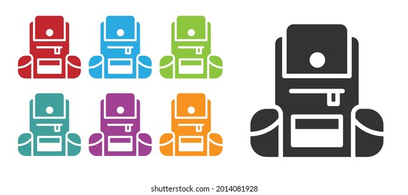 Schwarzes Wanderrucksack Symbol einzeln auf weißem Hintergrund. Camping und Berg Erkundung Rucksack. Stellen Sie die Symbole bunt ein. Vektorgrafik