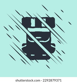 Black Hiking backpack icon isolated on green background. Camping and mountain exploring backpack. Glitch style. Vector