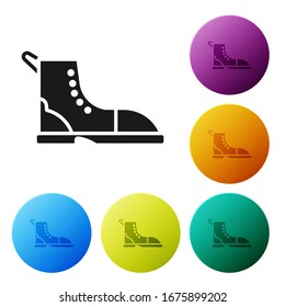 Black Hiking boot icon isolated on white background. Set icons in color circle buttons. Vector Illustration