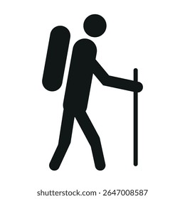 black hiking icon showing person walking with backpack and stick in simple silhouette style	

