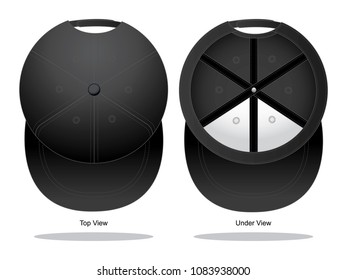 Black Hip Hop Cap for Template on White Background. Top and Under Views, Vector File.