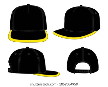 Black Hip Hop Cap With Yellow Edging Brim Cap With Snap Back Strap Desihn on White Background.