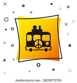 Black Hippie camper van icon isolated on white background. Travel by vintage bus. Tourism, summer holiday. Yellow square button. Vector