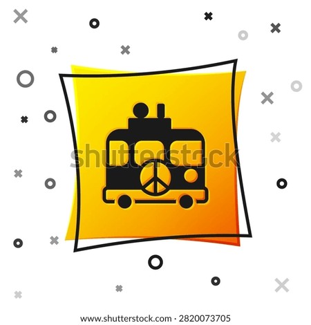 Black Hippie camper van icon isolated on white background. Travel by vintage bus. Tourism, summer holiday. Yellow square button. Vector