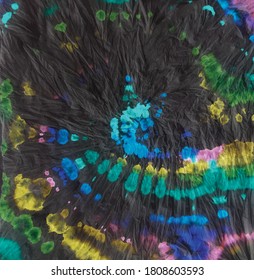 Black Hippie Tie Dye Swirl. Vector Round. Spiral Dyed Tie Dye. Black Tye Die Batik. Multi Swirl Background. Rainbow Dirty Hippie. Black Colored Tie Die. Gradient Colorful Tie Dye. Vector Black Pattern