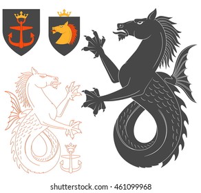 Black Hippocampus Illustration For Heraldry Or Tattoo Design Isolated On White Background. Heraldic Symbols And Elements