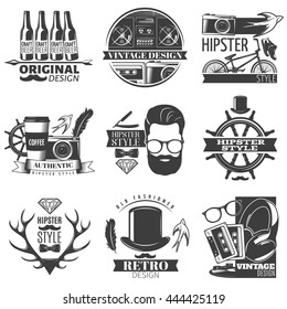 Black hipster emblem set with descriptions of original vintage and retro design hipster style vector illustration