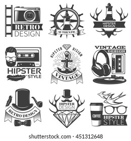 Black hipster emblem set different shapes with ribbon and without and descriptions of hipster style vector illustration